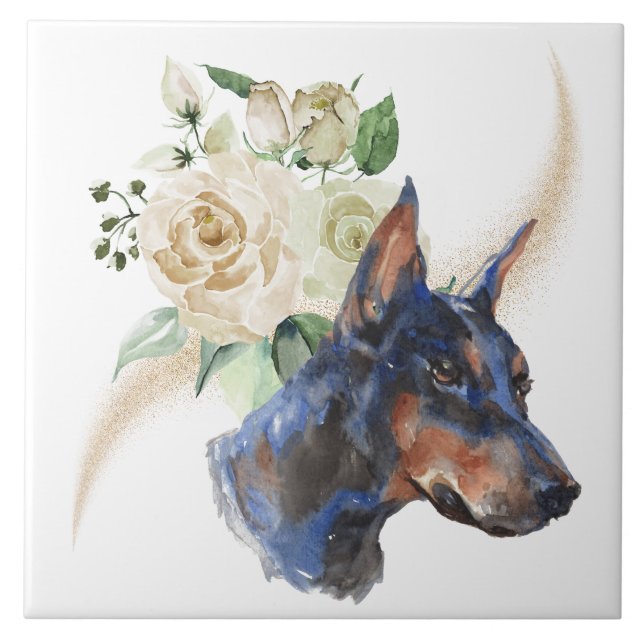 White Rose Bouquet Doberman Pinscher Dog Tile (Front)