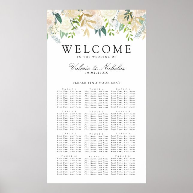 White Rose Bouquet | Floral 12 Table Seating Chart (Front)