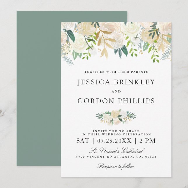 White Rose Bouquet | Floral Wedding Invite (Front/Back)