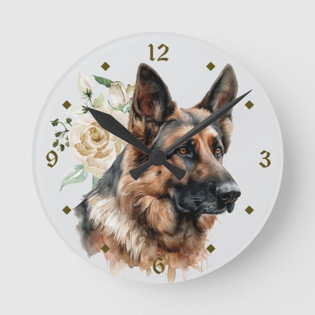White Rose Bouquet German Shepherd Dog Round Clock (Front)