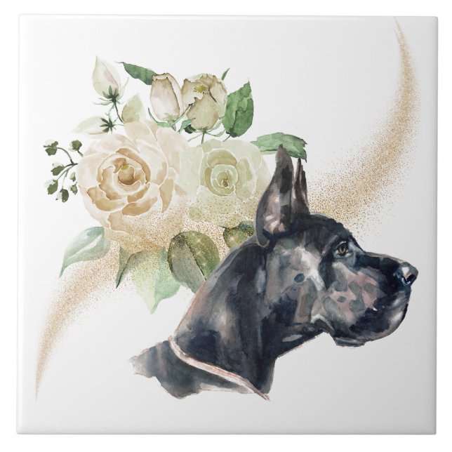 White Rose Bouquet Great Dane Dog Tile (Front)