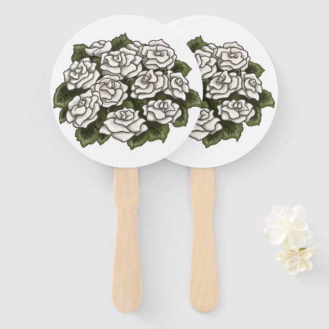 White Rose Bouquet Hand Fan (Front and Back)
