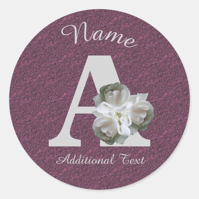 White Rose Bouquet Monogram A Personalized   Classic Round Sticker (Front)