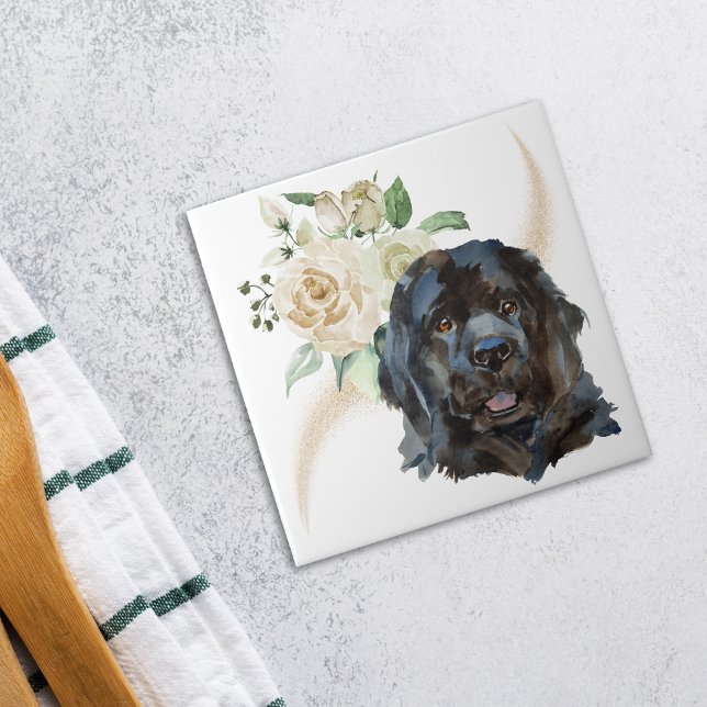 White Rose Bouquet Newfoundland Dog Tile (Creator Uploaded)