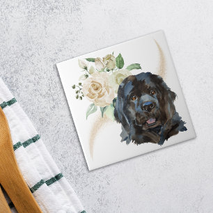 White Rose Bouquet Newfoundland Dog Tile