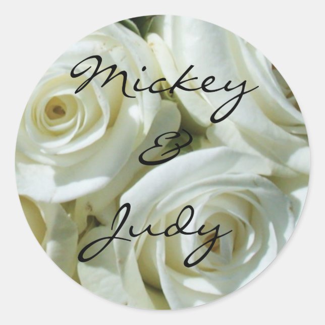 White Rose Bouquet Personalised Wedding Classic Round Sticker (Front)