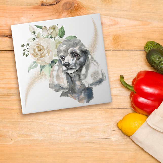 White Rose Bouquet Poodle Dog Tile (Creator Uploaded)