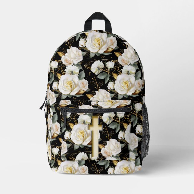 White Rose Bouquet Printed Backpack (Front)