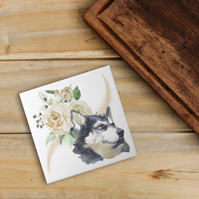 White Rose Bouquet Siberian Husky Dog Tile (Creator Uploaded)