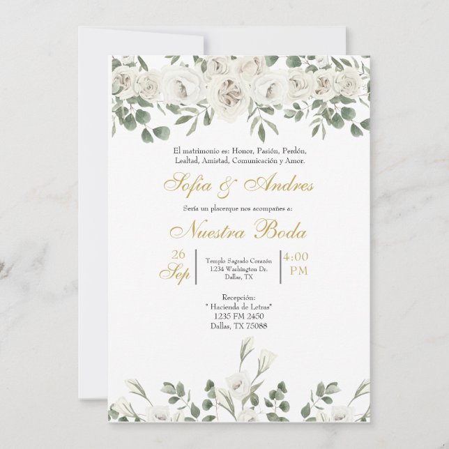 White rose bouquet wedding invitation (Front)