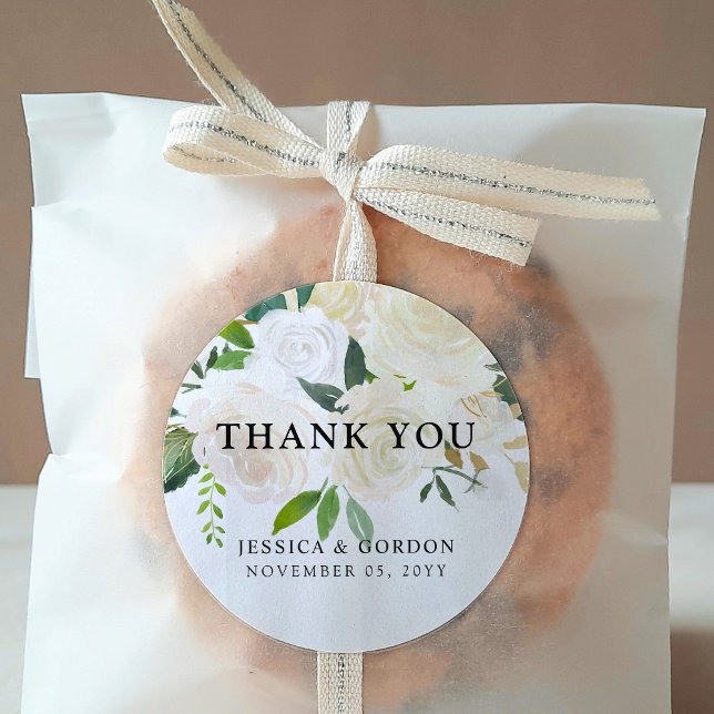 White Rose Bouquet | Wedding | Thank You Classic Round Sticker (Creator Uploaded)