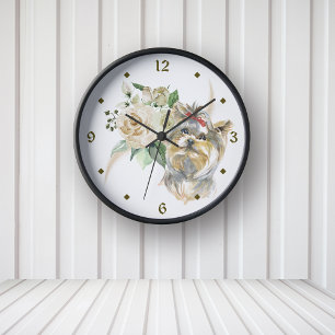 White Rose Bouquet Yorkshire Terrier Dog Round Clock