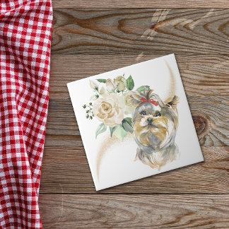 White Rose Bouquet Yorkshire Terrier Dog Tile