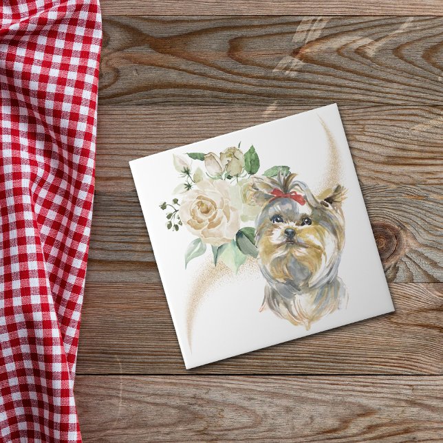 White Rose Bouquet Yorkshire Terrier Dog Tile (Creator Uploaded)