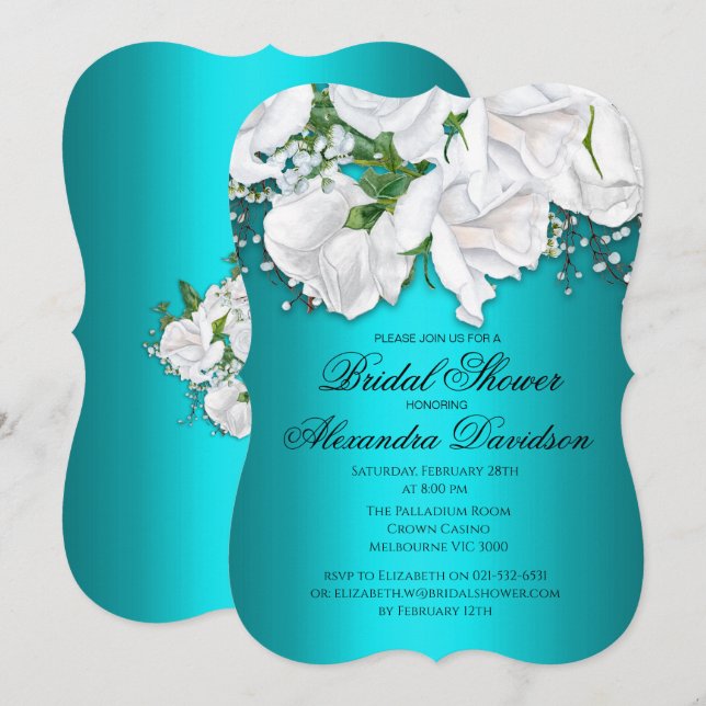 White Rose Bridal Bouquet Aqua Bridal Shower Invitation (Front/Back)