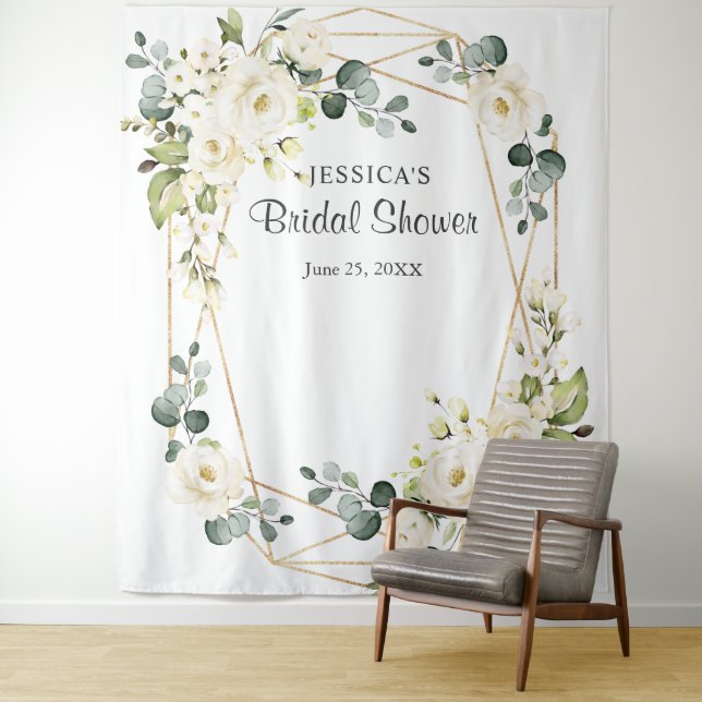 White Rose Bridal Shower Chic Photo Booth Backdrop Tapestry (In Situ)