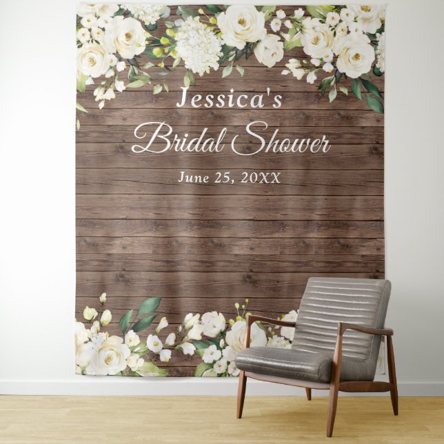 White Rose Bridal Shower Chic Photo Booth Backdrop Tapestry (In Situ)