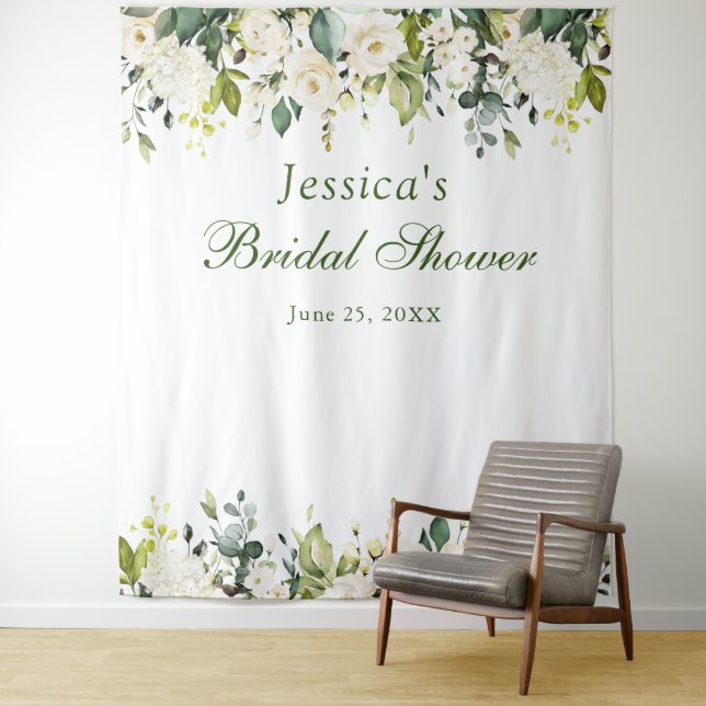 White Rose Bridal Shower Chic Photo Booth Backdrop Tapestry (In Situ)