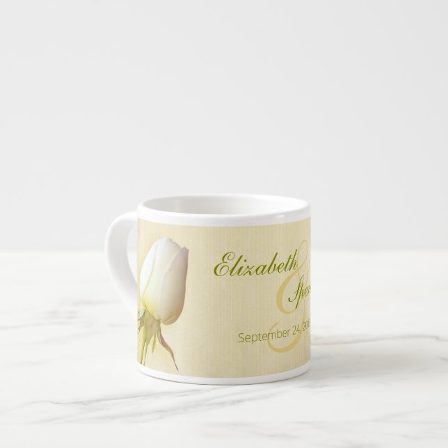 White rose bud keepsake wedding espresso mug (Front Left)