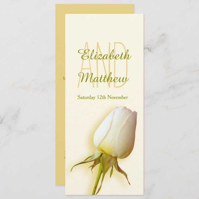 White rose bud wedding reception dinner menu invitation (Front/Back)