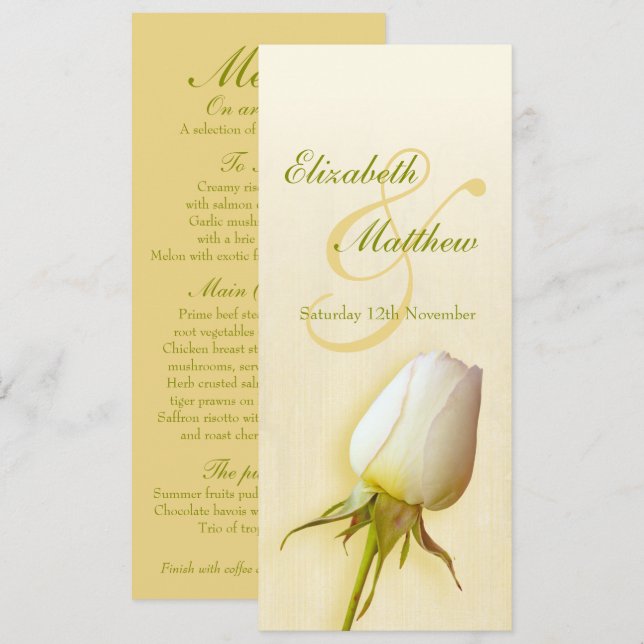 White rose bud wedding reception dinner menu invitation (Front/Back)