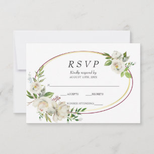 White Rose Burgundy Floral Gold Wedding RSVP Card