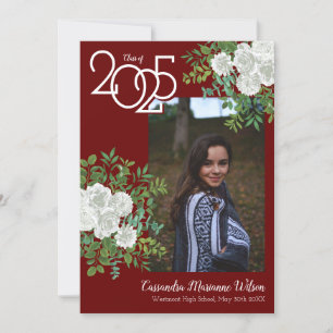 White Rose Burgundy Photo Graduation Announcement
