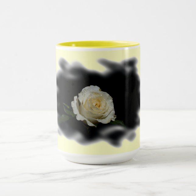 White Rose Burned Edges on Yellow Mug (Center)