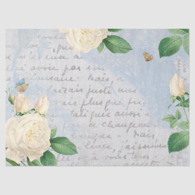 White Rose Butterfly French Script Blue Decoupage  Tissue Paper (Front)