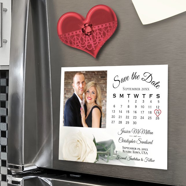 White Rose Calendar & Photo Save the Date Magnet (Convenient magnet back!)