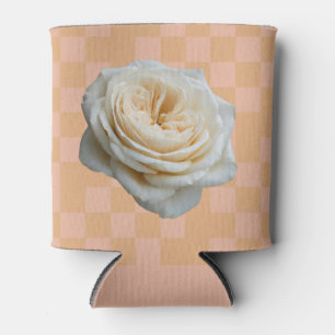 White Rose Checkered Pink Peach Can Sleeve Cooler