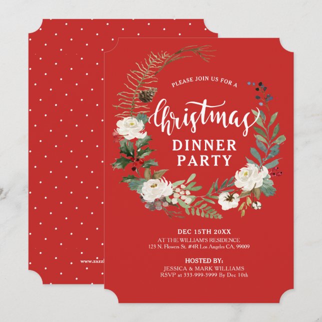 White rose Christmas holly wreath dinner Invite (Front/Back)