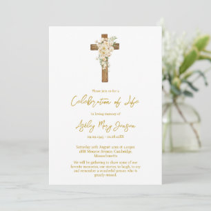 White rose Cross Celebration of Life Funeral Invitation