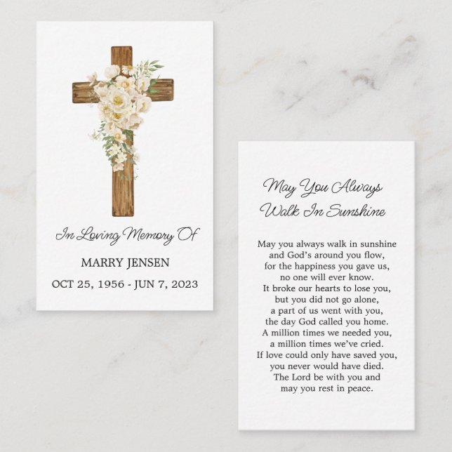 White rose Cross Memorial Funeral Prayer Card (Front/Back)