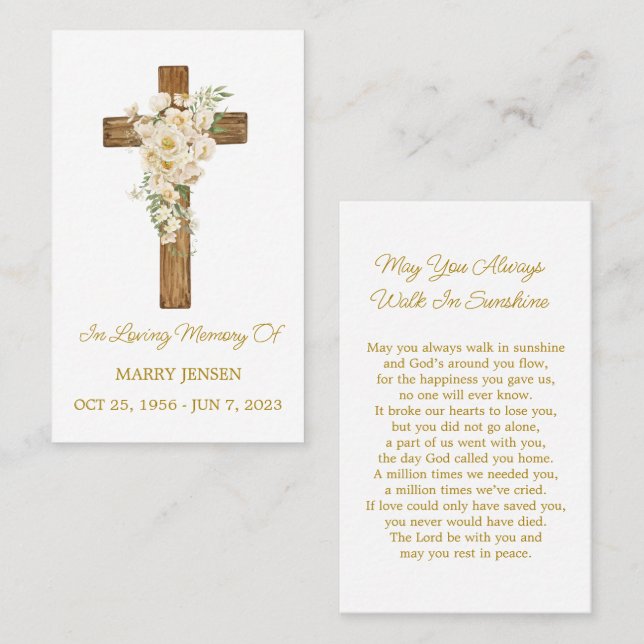 White rose Cross Memorial Funeral Prayer Card (Front/Back)