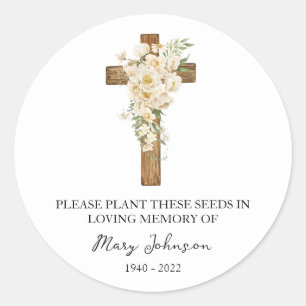 White rose Cross Memorial Funeral Seed Packet Classic Round Sticker