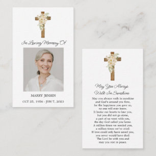 White rose Cross Photo Funeral Prayer Card