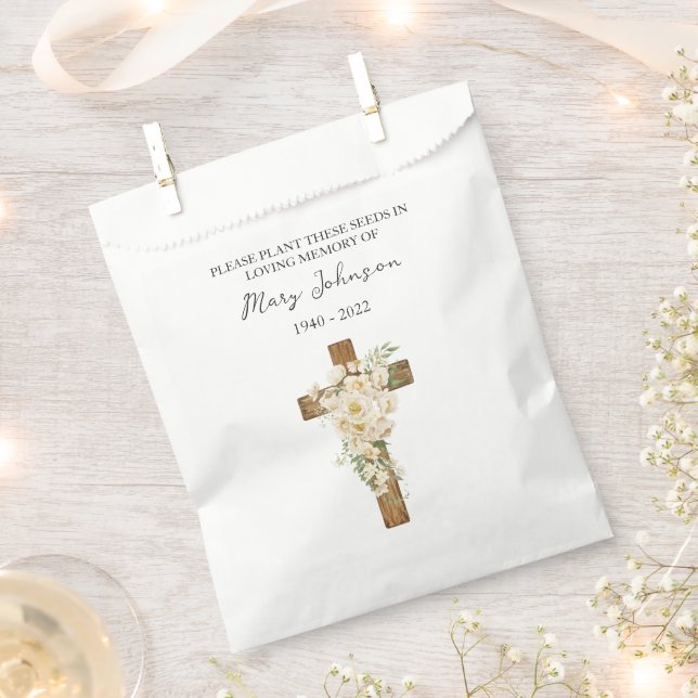 White Rose Cross Seed Packet Funeral Favor Bag (Clipped)