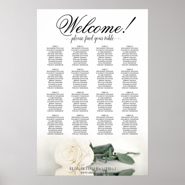 White Rose Elegant 16 Table Wedding Seating Chart (Front)