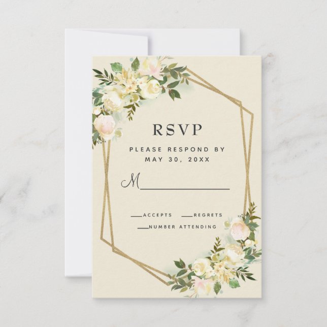 White Rose Elegant Floral Gold Frame Wedding RSVP Card (Front)