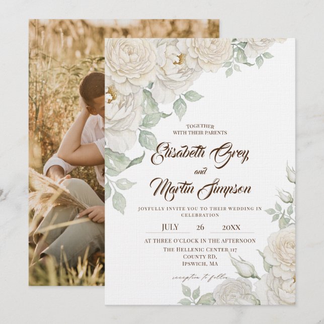 White Rose Elegant Florals Wedding Invitation (Front/Back)