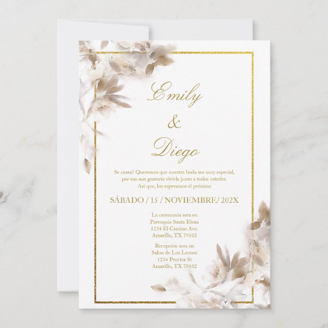 White rose elegant wedding Invitation in Spanish (Front)