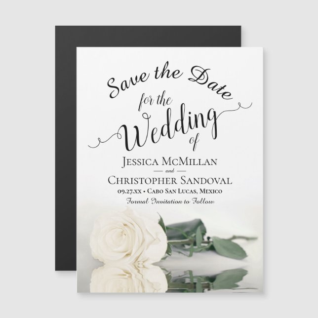 White Rose Elegant Wedding Save the Date Magnet (Front/Back)