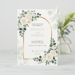 White Rose Emerald Eucalyptus Wedding Invitation