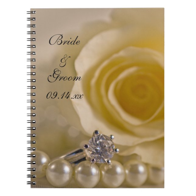 White Rose, Engagement Ring and Pearls Wedding Spiral Notebook (Front)
