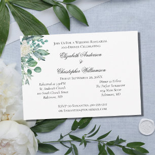 White Rose Eucalyptus Botanical Wedding Rehearsal Invitation