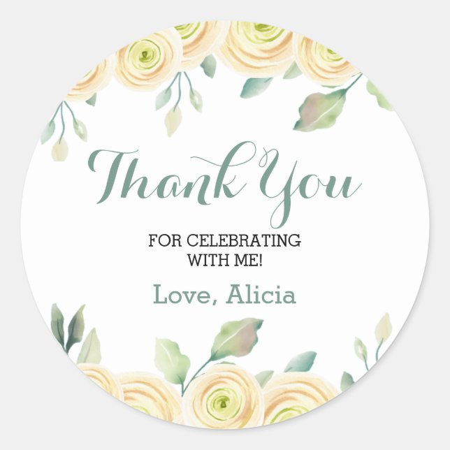 White Rose Eucalyptus Flora Birthday Thank You Classic Round Sticker (Front)