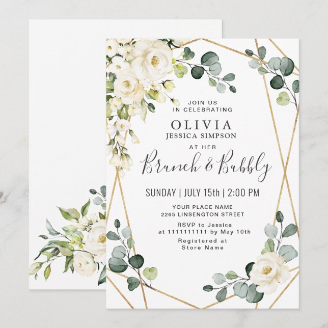 White Rose Eucalyptus Greenery Brunch & Bubbly Invitation (Front/Back)