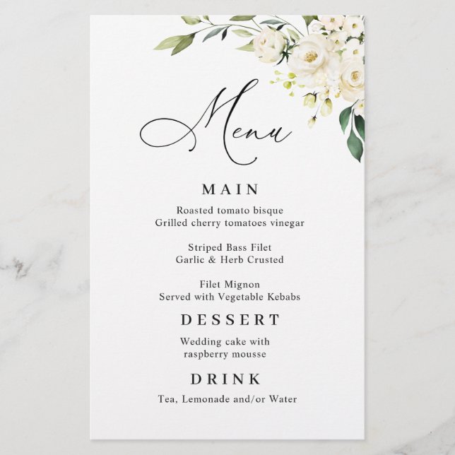White Rose Eucalyptus Greenery Wedding Dinner Menu (Front)