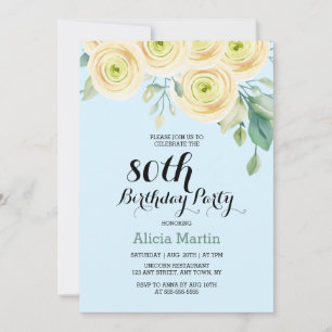 White Rose Flora Eucalyptus Blue 80th Birthday Invitation